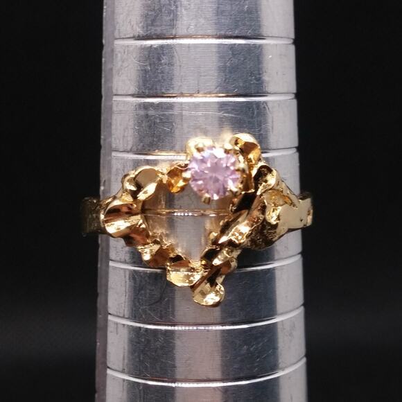 Vintage Hammered Heart Ring Pink Faceted CZ Stone Gold Nugget Rare Art Nouveau - Picture 10 of 15